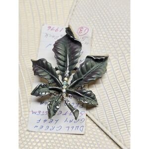 Vintage BSK Leaf Green Enamel Aurora Borealis Rhinestone Brooch Pin History Note